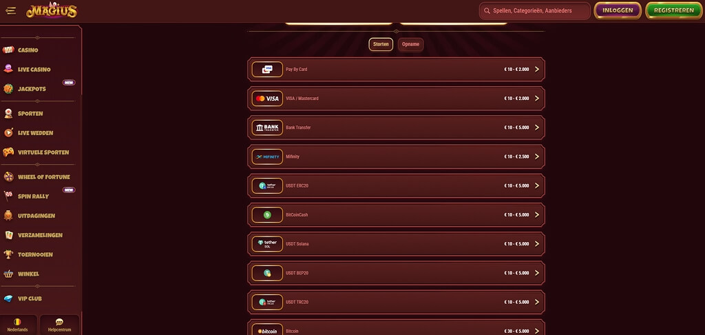 Betaalmethoden bij Magius Casino