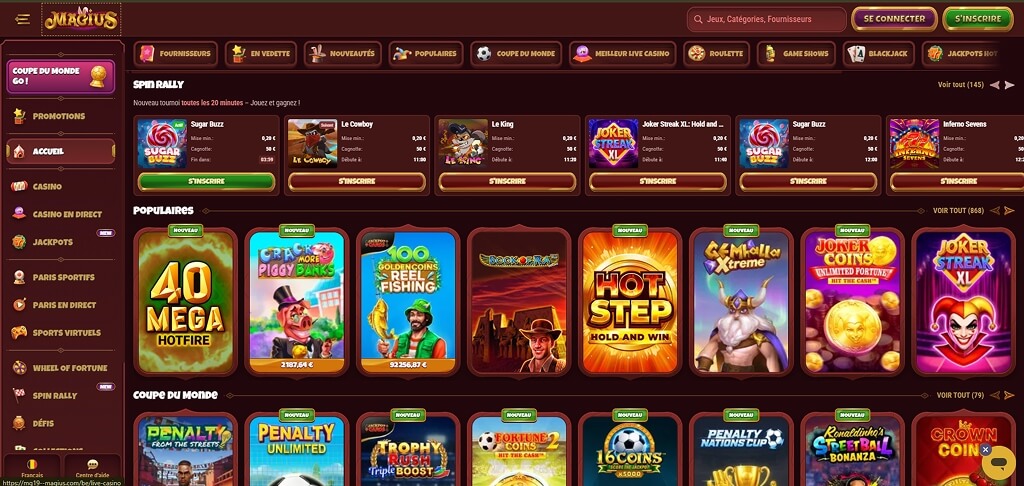 Interface du casino Magius