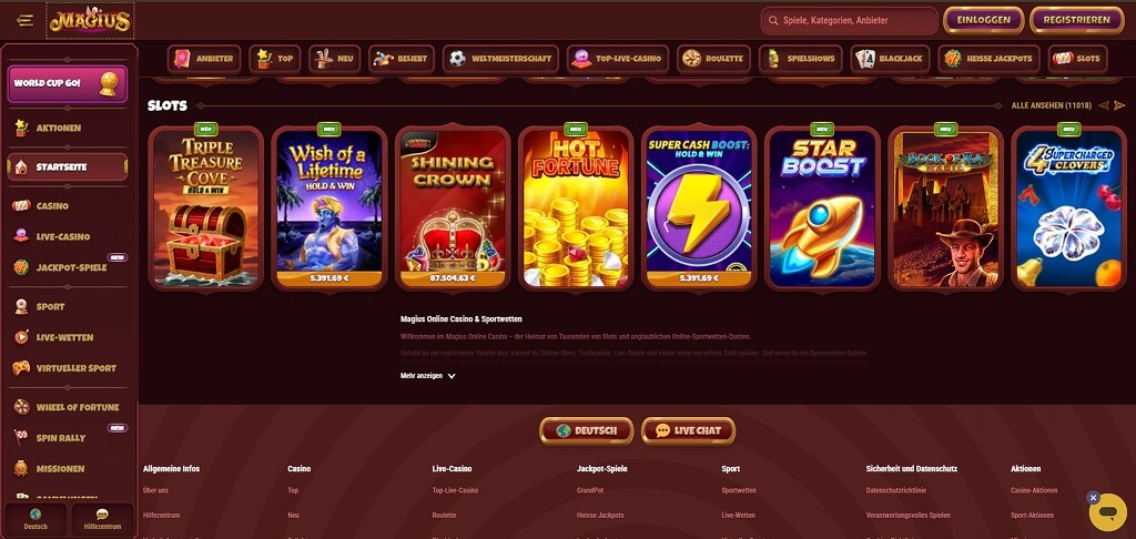 Magius Casino-Benutzeroberfläche