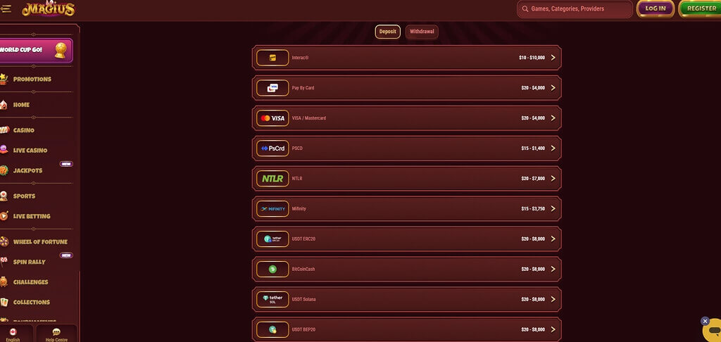 Magius Casino Payment Methods